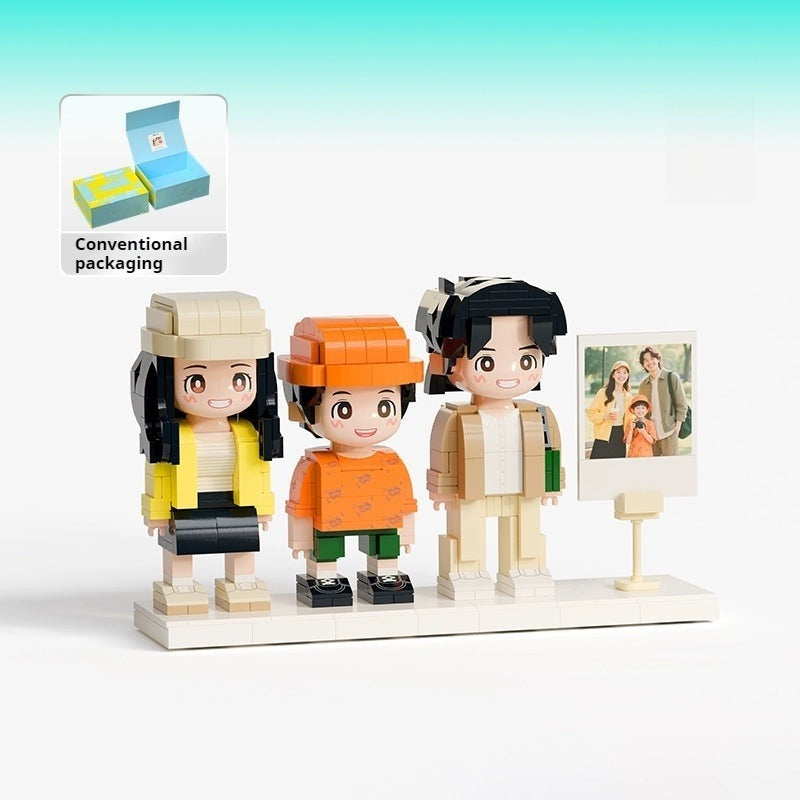 WOWLIDAY Family Portrait Commemorative Ornament Photo Custom Building Blocks for Three People Creative Gift