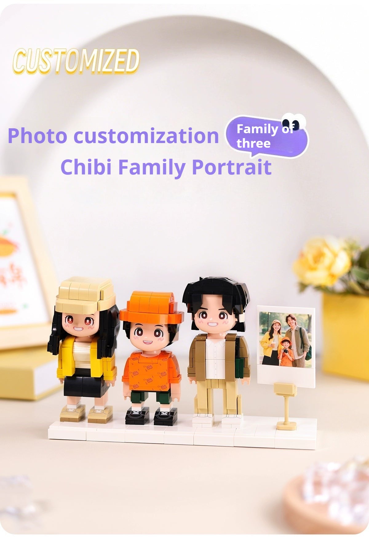 WOWLIDAY Family Portrait Commemorative Ornament Photo Custom Building Blocks for Three People Creative Gift