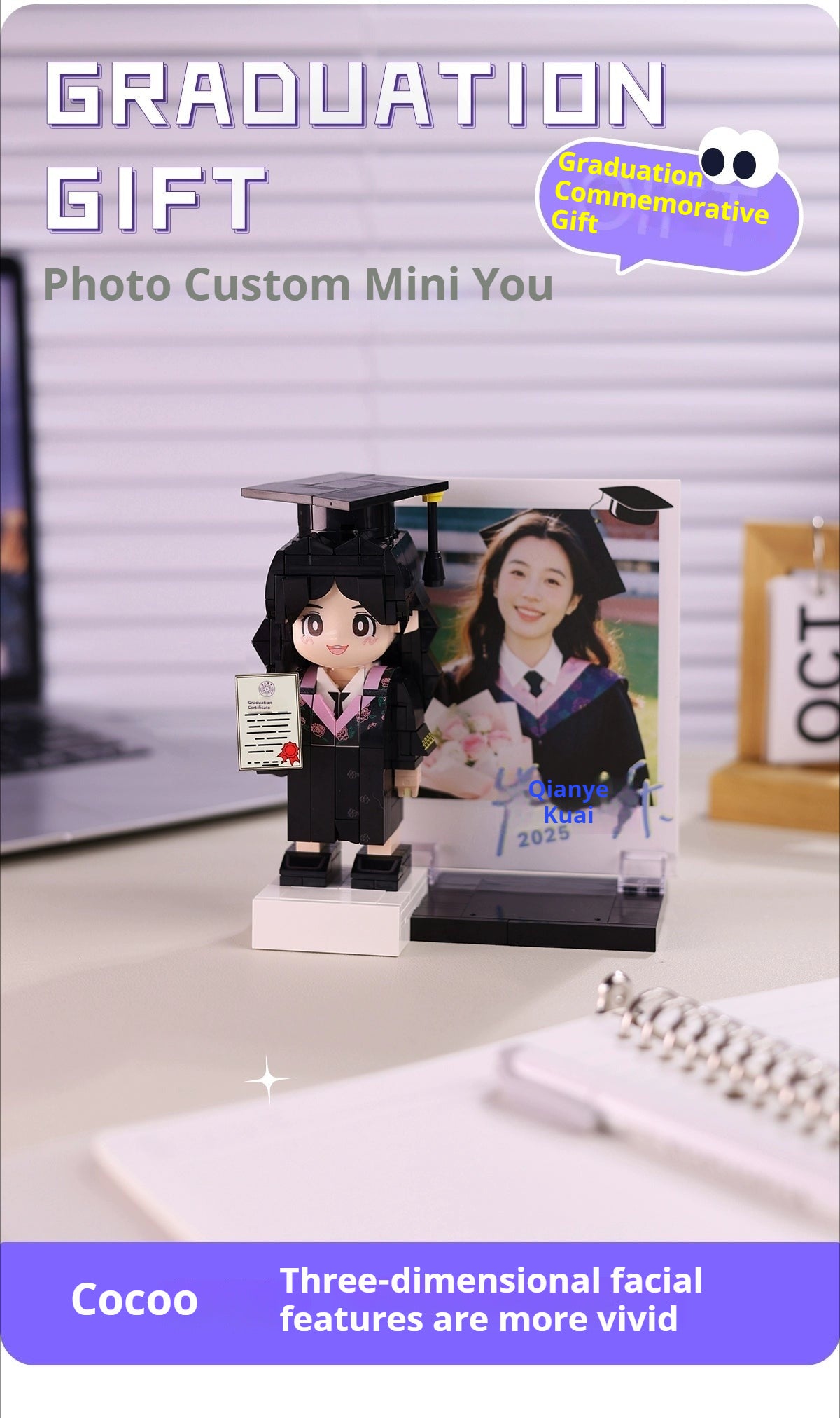 WOWLIDAY Bachelor's Uniform Photo Customization Graduation Gift DIY Building Blocks Portrait Gift for Male and Female Students