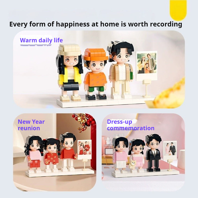 WOWLIDAY Family Portrait Commemorative Ornament Photo Custom Building Blocks for Three People Creative Gift