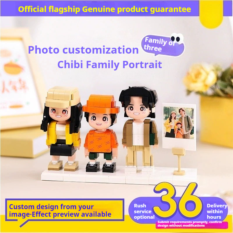 WOWLIDAY Family Portrait Commemorative Ornament Photo Custom Building Blocks for Three People Creative Gift