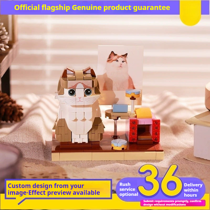 WOWLIDAY Photo Customization Pet Cat Creative Building Block Assembly Toy Couple Figurine Figurine